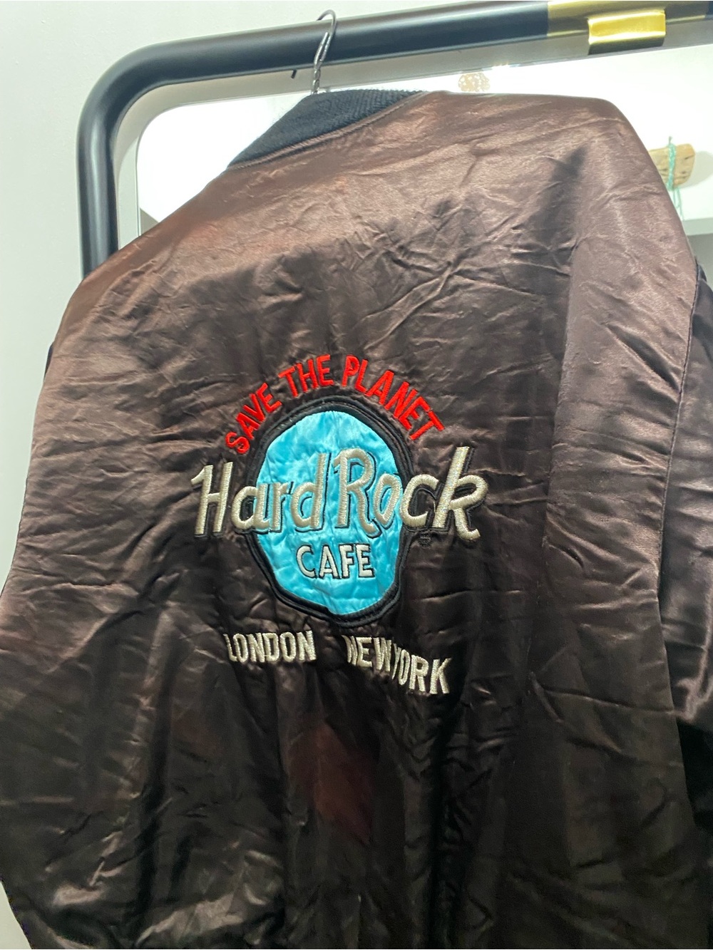 Hard Rock Cafe black satin bomber with turquoise and red embroidered logo